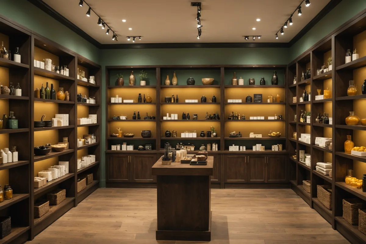 Retail store interior with warm display lighting and organized product shelving